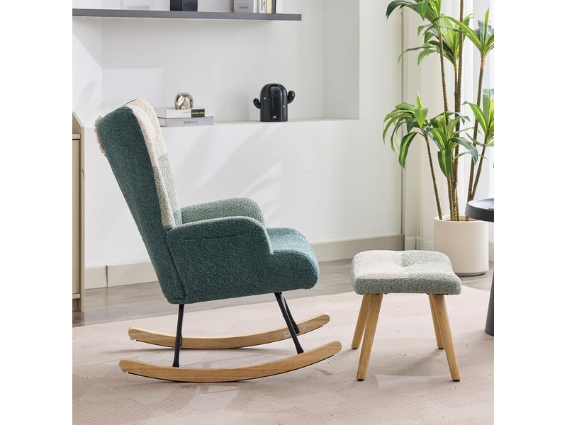  Fauteuil à bascule 83x65,5x95 cm, dossier 60 cm, poche latérale, coussin épais, pieds bois, bouclé multicolore  - Conforama D