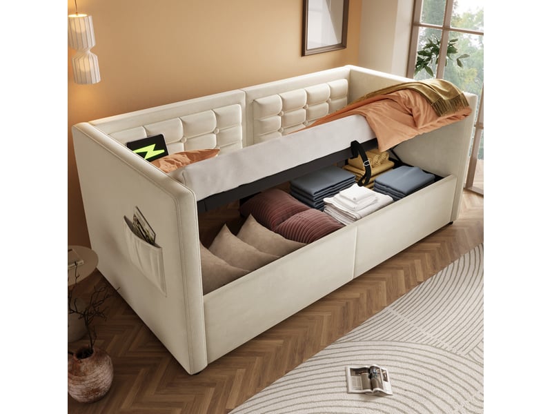  Lit banquette convertible 90 x 200 cm avec coffre hydraulique, usb et type-c, beige en velours, sans matelas  - Conforama C