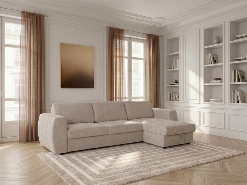 Bobochic canapé d'angle réversible convertible coffre hugo ouverture express tissu texturé beige 140x190 réversible HUGO - Conforama B