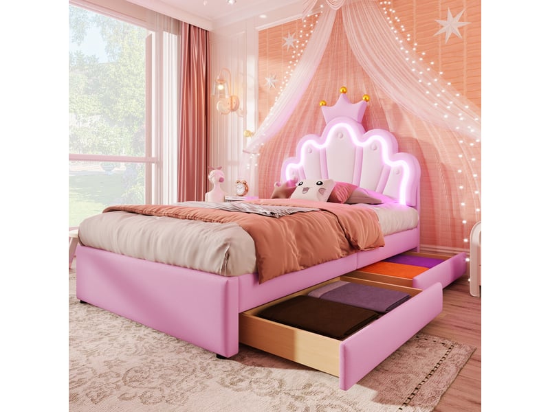Lit enfant 90x200cm avec led, tiroirs, tête réglable, style princesse, sommier, pu rose, sans matelas - Conforama C