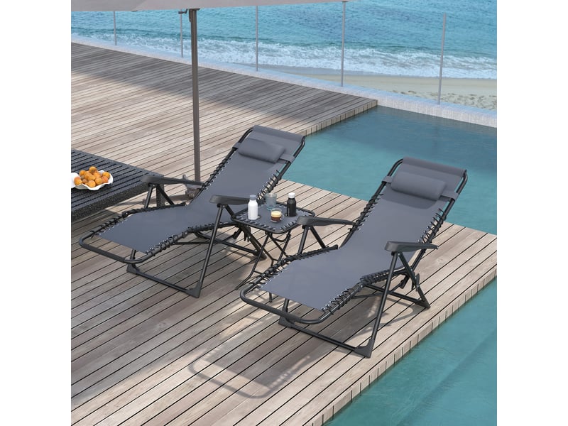  Lot de 2 chaise longue pliable et inclinable avec table d'appoint, porte-gobelets et appuie-têtes, charge 120 kg, gris  - Conforama B