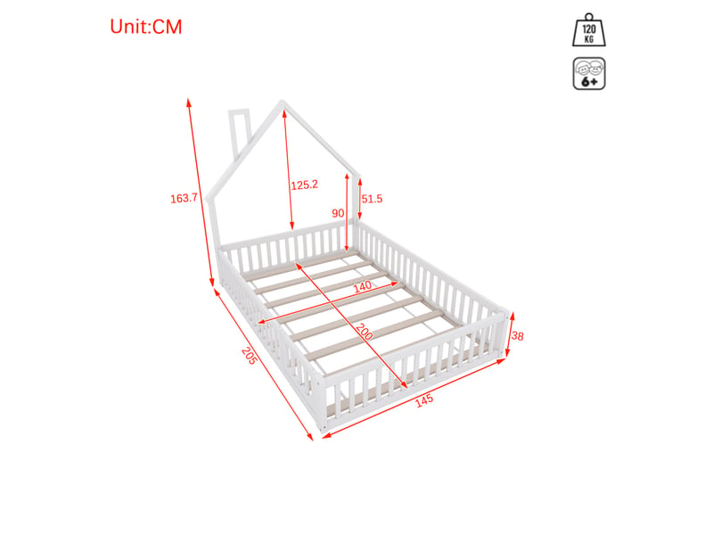 Lit enfant 140 x 200 cm avec sommier à lattes, forme cheminée, blanc, sans matelas - Conforama C