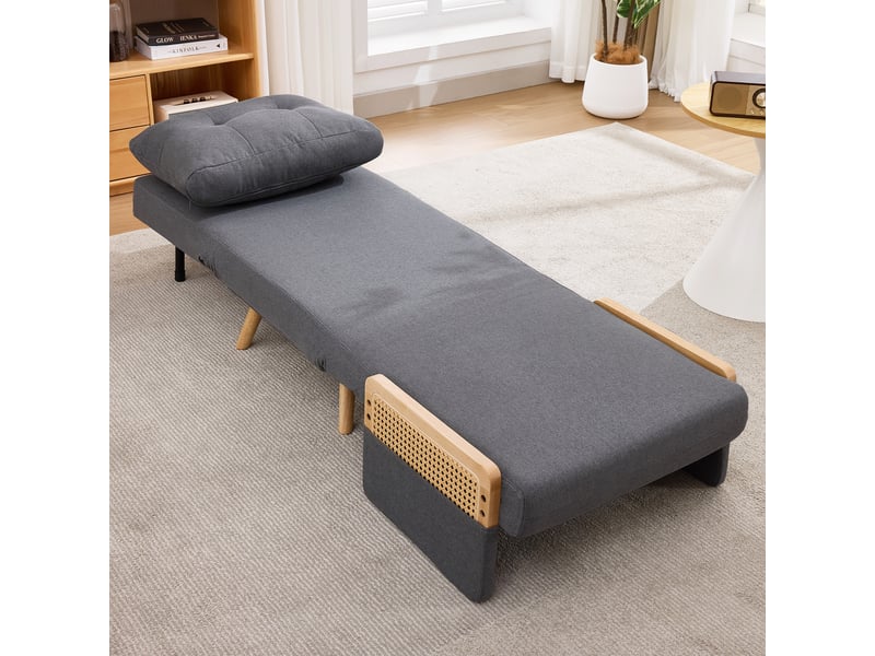  Fauteuil convertible 3 en 1 avec dossier réglable 5 positions et accoudoirs en rotin, en lin gris 67,5 × 73 × 86,5 cm  - Conforama B