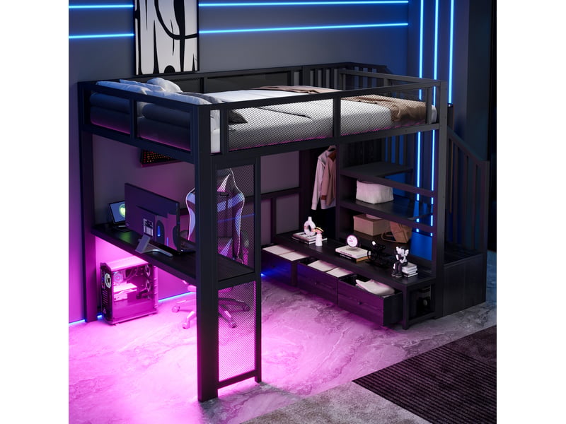  Lit mezzanine enfant 140x200 cm – noir – bureau, escalier avec rangement, led, usb et 3 tiroirs - sans matelas  - Conforama B