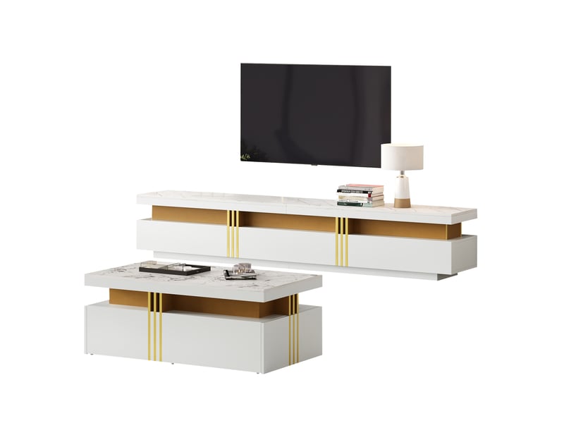  Meuble tv tcqpz suspendu avec table basse 200 x 40 x 42 cm blanc et doré 3 tiroirs panneau de particules  - Conforama A
