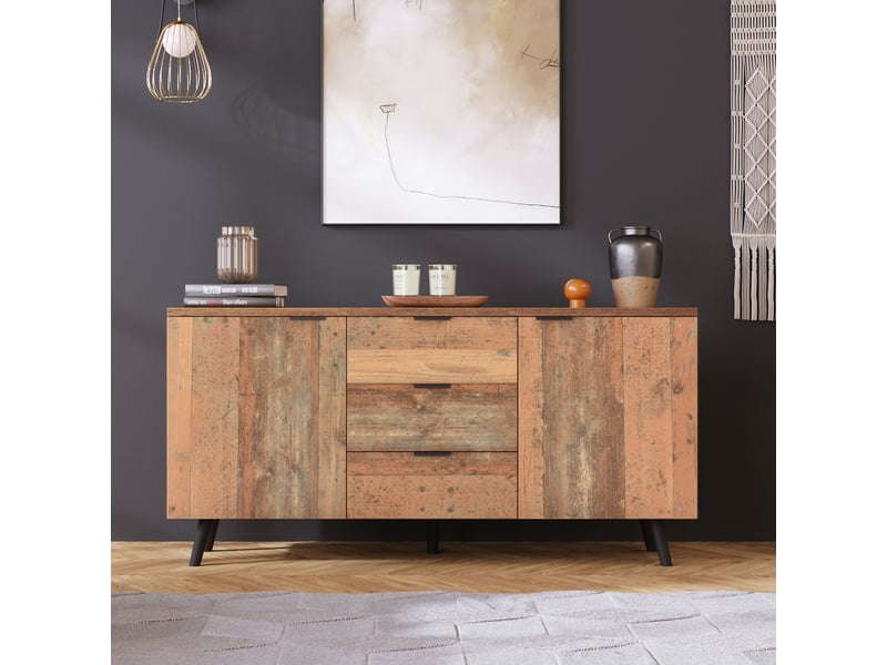  Buffet meuble tv 140 cm avec 3 tiroirs et 2 portes style vintage marron  - Conforama E