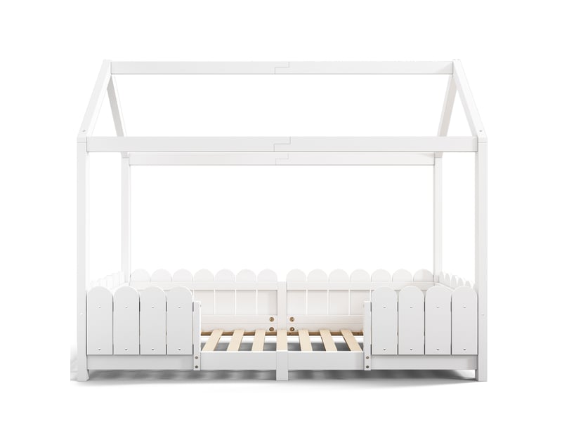  Lit cabine enfant maison 90x200 - design avec toit et protection contre les chutes - en bois massif et mdf - blanc  - Conforama A