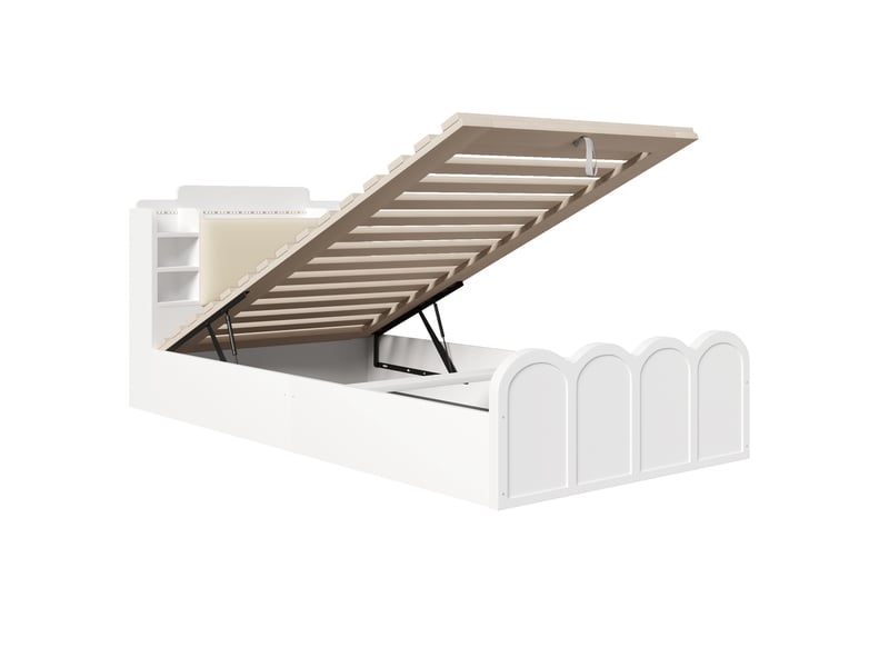 Lit 90x200 cm blanc, rangement hydraulique, led, usb-c, appli et tête de lit coffre - Conforama E
