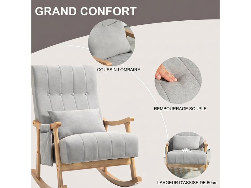  Fauteuil à bascule gris rembourré avec coussin lombaire et poches latérales, cadre en bois, 90x65x98 cm  - Conforama W