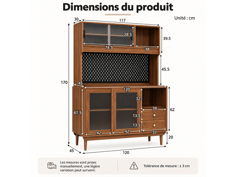  Buffet de cuisine avec portes coulissantes en verre cannelé, tiroirs et étagères ouvertes, panneau perforé, mdf et panneau de particules OMNIGLINT TRADING LTD - Conforama C