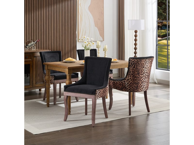  Lot de 2 chaises de salle à manger - chaise idéales pour cuisine et salle à manger – chenille léopard –  pieds bois  - Conforama E