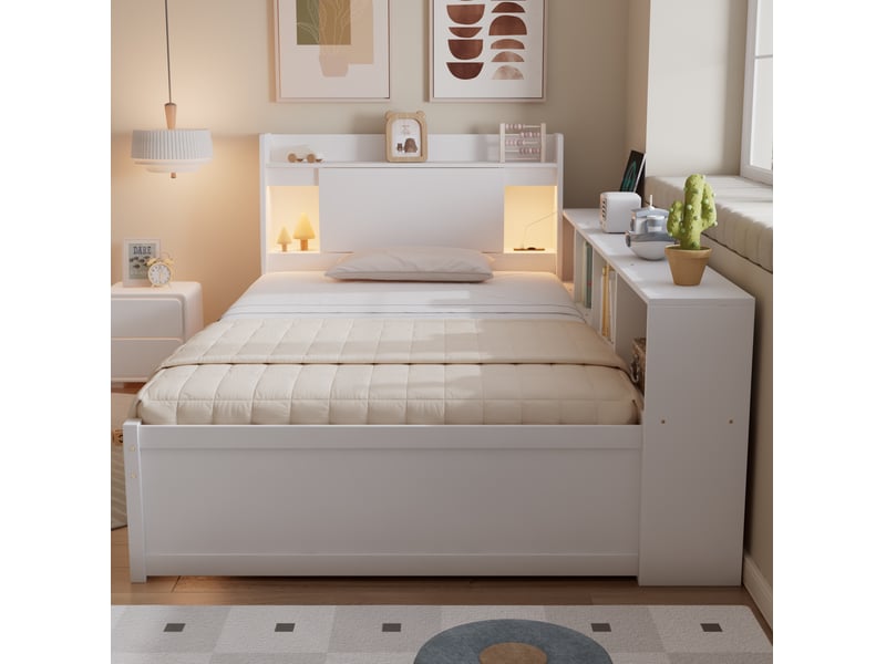  Modenvie lit 1 place avec rangement 90x200 cm - tête de lit avec étagère et prise, sans matelas - blanc  - Conforama E