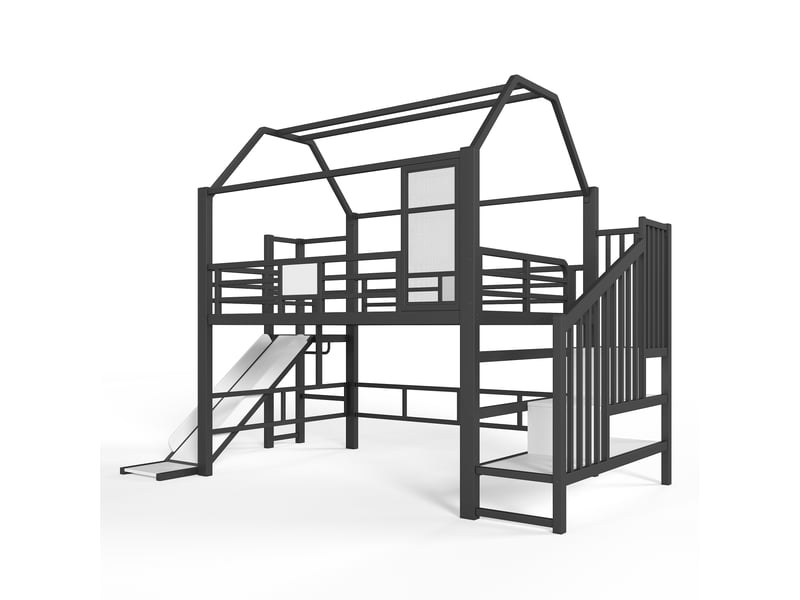  Lit mezzanine enfant noir 140 × 200 cm, forme maison, toboggan, escalier, rangement et led  - Conforama E