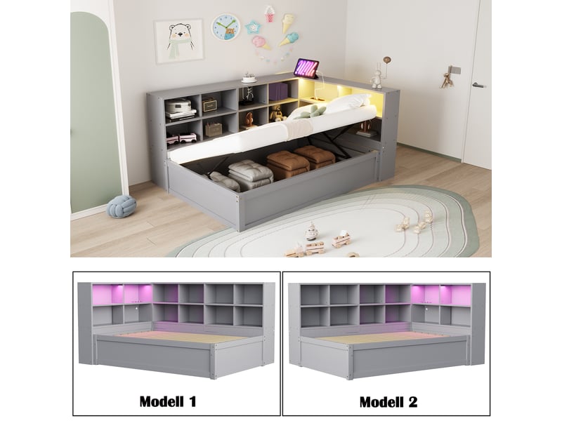  Lit simple en bois 90*200, bloc de prises, compartiments, bandeau led, coffre hydraulique, gris avec rangements  - Conforama D