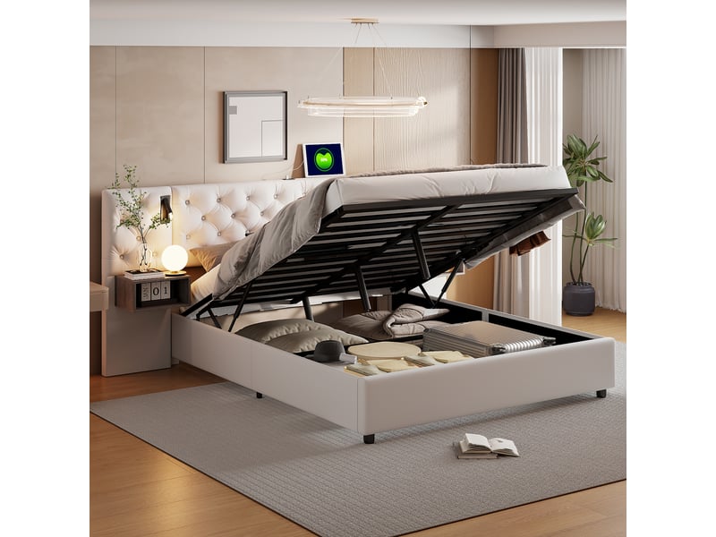  Lit rembourré 140 x 200 cm,lit enfant avec tête de lit de rangement, ports usb et type c,lit hydraulique avec éclairage led,velours, sans matelas  - Conforama W