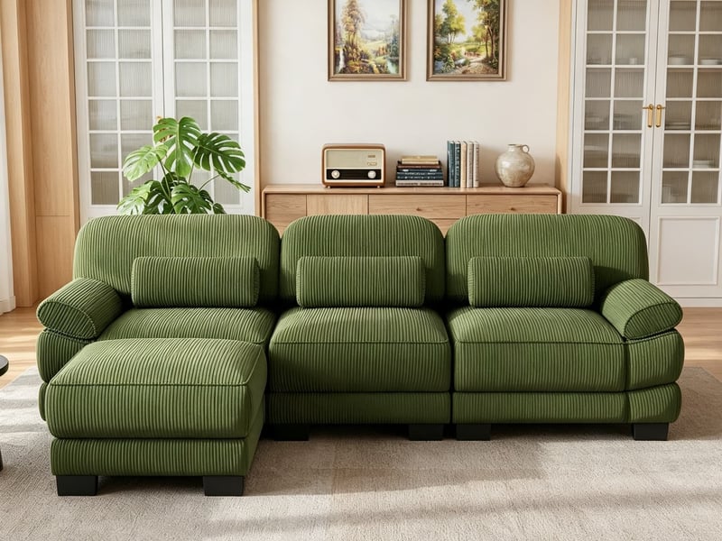 Canapé d’angle 3 places forme l, 1 pouf inclus, soutien lombaire épais, assise profonde, textile confortable, 265 × 161 × 94 cm, vert - Conforama B
