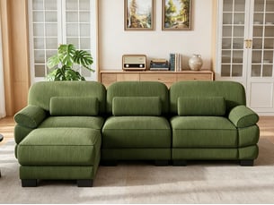 Canapé d’angle 3 places forme l, 1 pouf inclus, soutien lombaire épais, assise profonde, textile confortable, 265 × 161 × 94 cm, vert