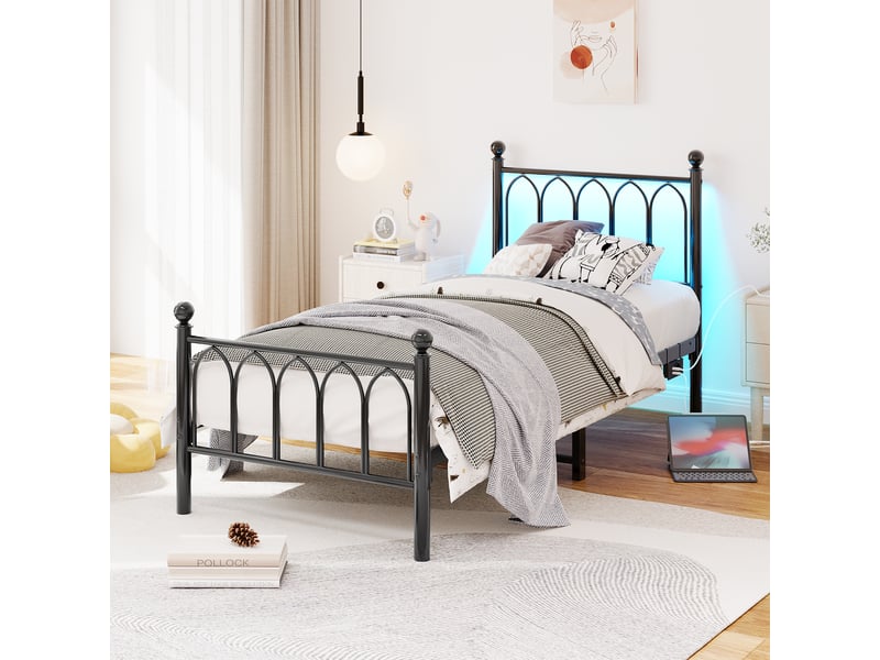  Lit simple rembourré 90x200cm avec led et usb-c, cadre de lit adulte en métal avec tête et pied de lit vintage, noir, lit 1 personne  - Conforama E