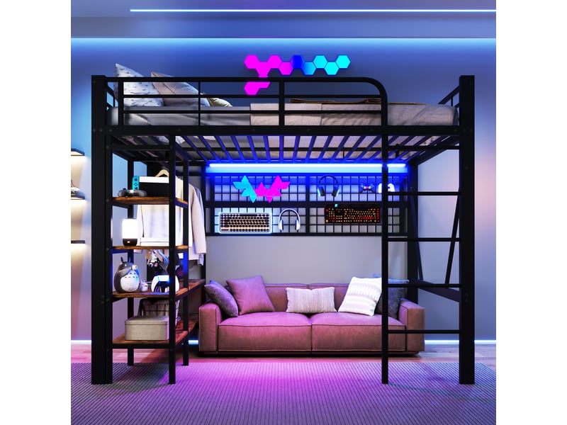 Lit mezzanine 140 x 200 cm avec cadre en métal, éclairage led contrôlé par application, rangements, noir - Conforama E