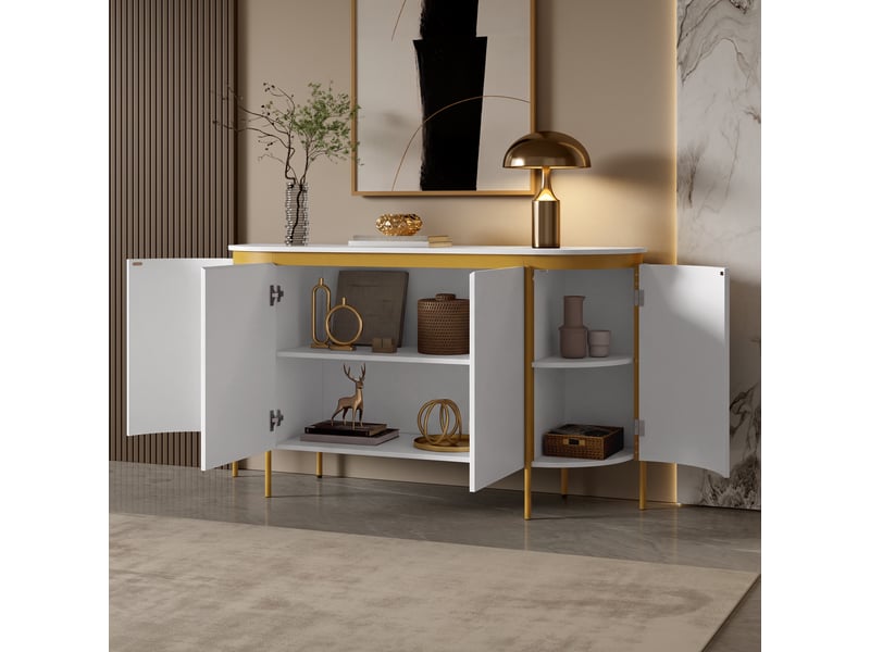  Buffet - 140x38x80cm - meuble enfilade ovale avec 4 portes cannelées, passe-câbles, 6 pieds métal doré - moderne blanc  - Conforama C