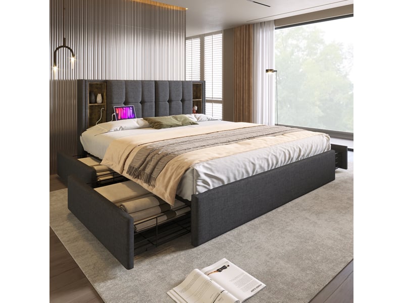  Lit double 160 x 200 cm gris en lin avec 4 tiroirs, chargement sans fil, usb et usb-c  - Conforama D