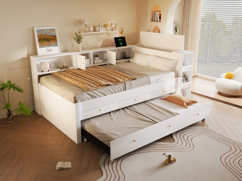 Lit enfants 140 x 200cm avec port de charge usb, 3 tiroirs, lit d'appoint gigogne et espace de rangement, blanc  - Conforama B