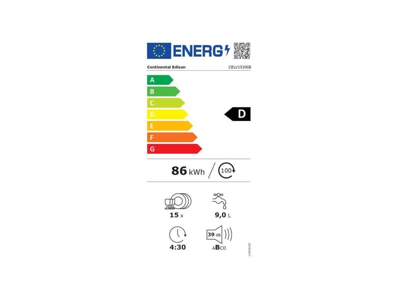 Lave-vaisselle pose libre continental edison - 15 couverts - largeur 59,8 cm - classe d - moteur induction - 39 db - noir CELV1539IB - Conforama R