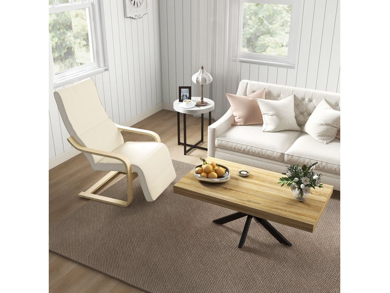  Fauteuil relax à piètement traîneau avec repose-pieds réglable 5 positions, tissu blanc crème, structure en bois  - Conforama E