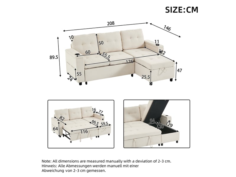  Canapé d'angle convertible 3 places beige en tissu avec coffre de rangement intégré et pieds en bois massif  - Conforama C