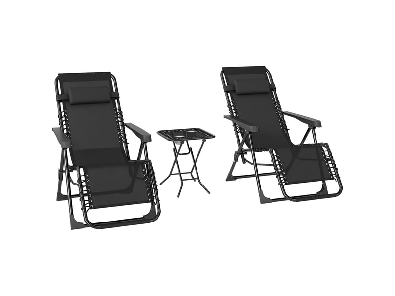  Lot de 2 chaise longue pliable et inclinable avec table d'appoint, porte-gobelets et appuie-têtes, charge 120 kg, noir  - Conforama A