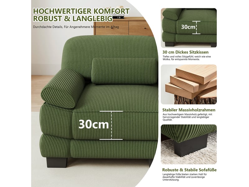 Canapé d'angle modulable - 3 places - forme l - 1 ottoman - coussins lombaires - velours côtelé - mobilier de salon - vert CozyNest - Conforama E