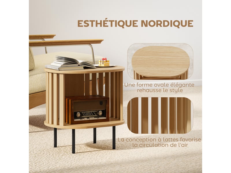  Table d'appoint ovale bout de canapé rangement ouvert pieds en acier design à lattes 50x39x50cm effet bois naturel  - Conforama D