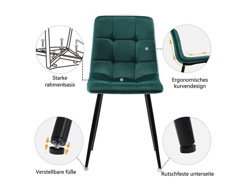  Ensemble table à manger avec 4 chaises, table à manger rectangulaire de 117 cm, plateau effet marbre et velours vert foncé  - Conforama R