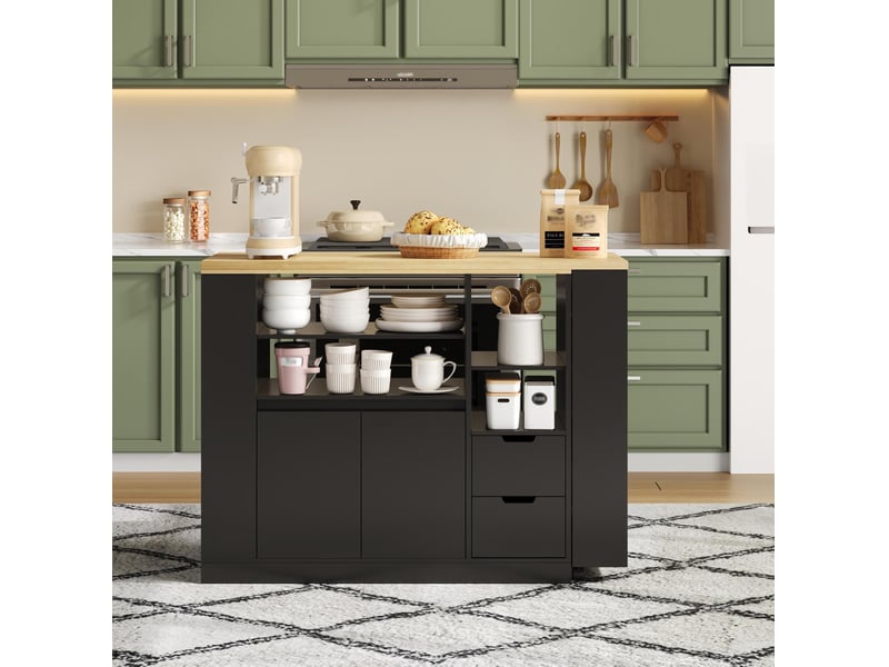  Îlot de cuisine 115 cm avec plateau rotatif extensible, 2 tiroirs, noir naturel  - Conforama D