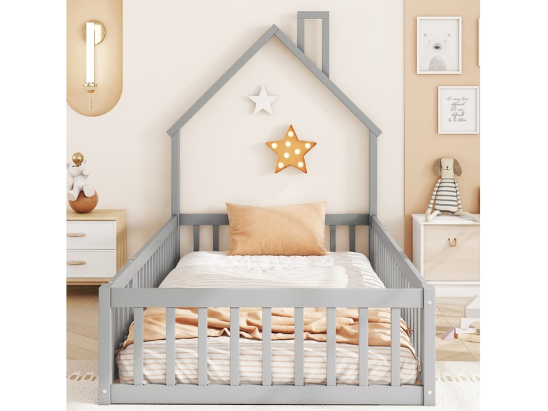  Lit enfant cabane 90x200 cm avec sommier à lattes et barrières gris  - Conforama E