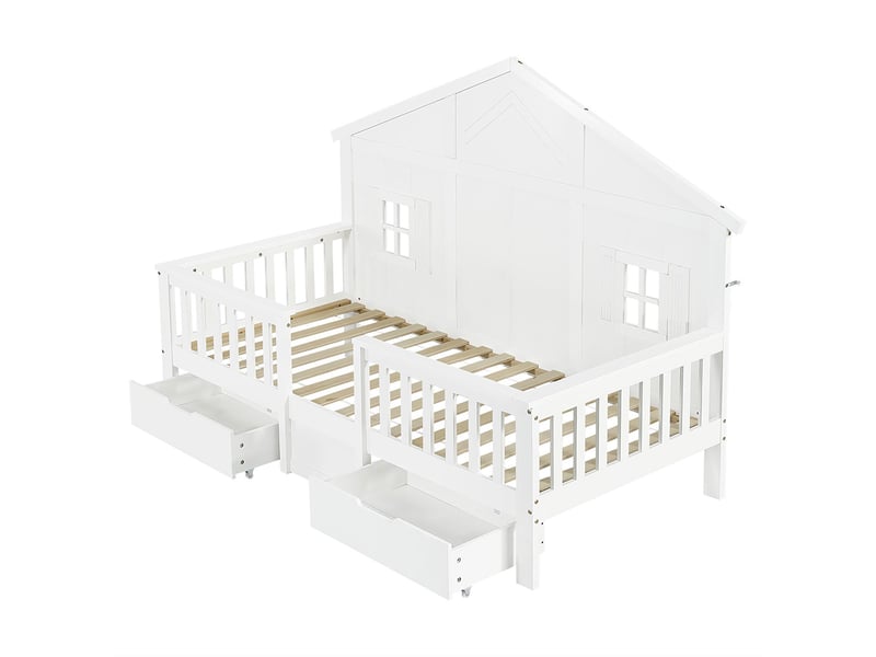 Lit avec rangement bois lit simple deux grands tiroirs roulettes fenêtres toit sommier lattes stable pin mdf contreplaqué blanc 90x200 cm - Conforama A