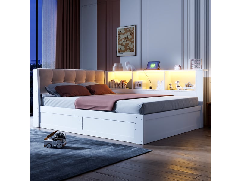  Lit de jour 140x200cm avec rangement hydraulique, led réglable, étagère pratique et usb, sans matelas, blanc, pin  - Conforama C