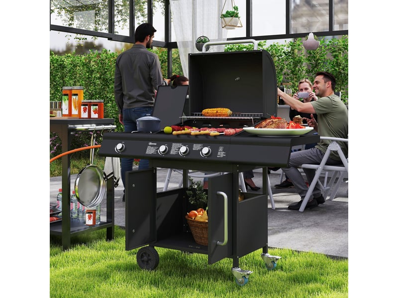  Barbecue à gaz mobile avec espace de rangement, tablette latérale, brûleur latéral, grille de maintien au chaud, thermomètre, acier inoxydable, noir  - Conforama C
