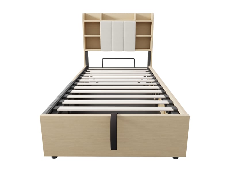  Lit en bois 90 x 200 cm, lit hydraulique, tête de lit avec espace de rangement, équipé de prises usb et tape-c, lit simple, lit enfant, couleur bois (sans matelas)  - Conforama E