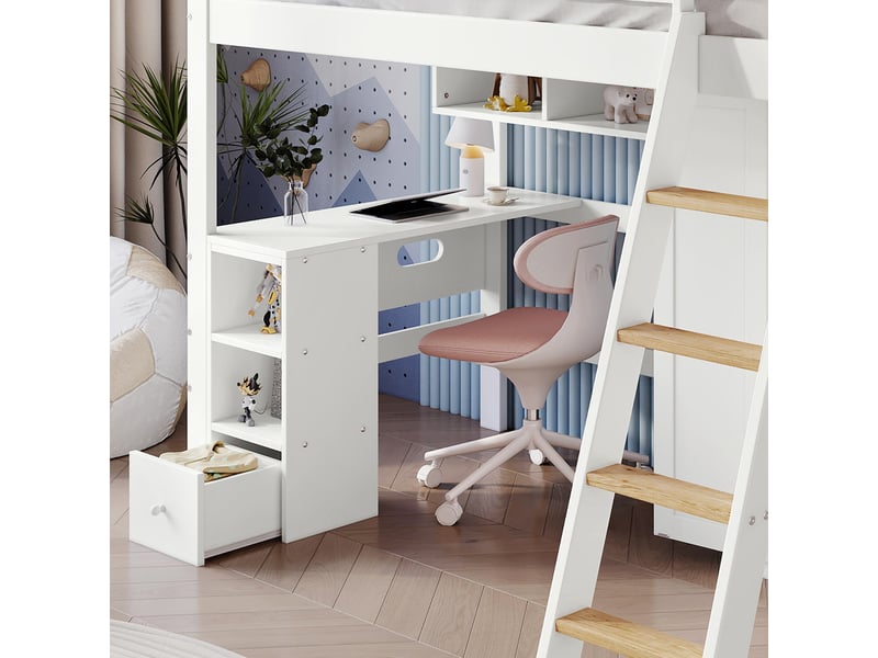  Lit superposé 90 x 200 cm avec armoire intégrée, échelle, étagères et niches en pin, panneau composite de fibres de bois à densité et contreplaqué blanc  - Conforama C