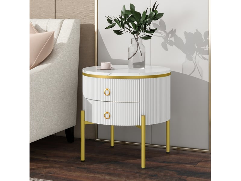 Table basse avec 2 tiroirs, plateau effet marbre, pieds réglables et poignées dorées pour salon, chambre et entrée - Conforama C