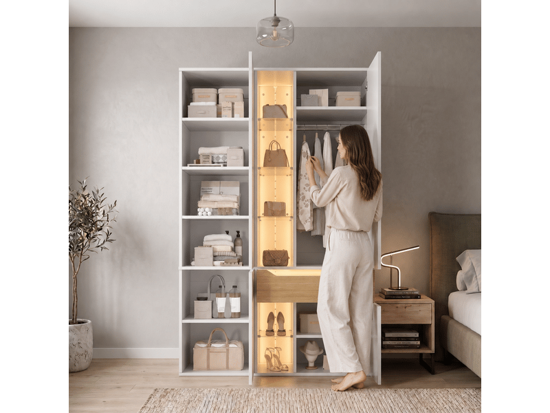  Armoire penderie blanche avec éclairage led vitrine en verre 122 x 50 x 200 cm  - Conforama W