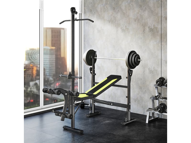  Banc de musculation fitness entrainement complet dossier réglable cordes traction curler supports barre et  - Conforama D