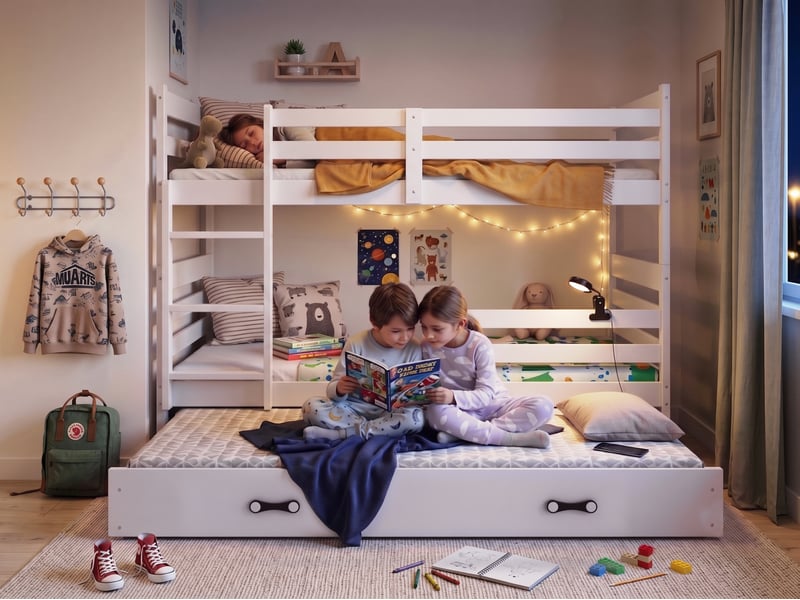 Lit superposé 3 places eric 90x190 cm + lit tiroir 80x180 cm interbeds - bois massif de pin - blanc - Conforama E