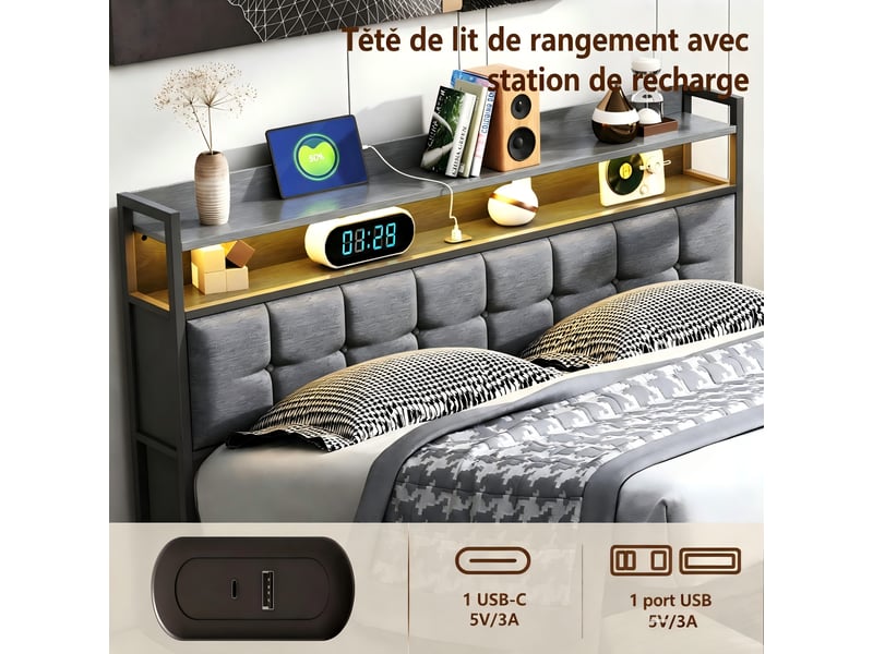  Kefsr lit coffre 140x190 cm, lit double adulte en tissu lin gris avec tête de lit rangement, led rgb connectée, prises usbtype-c et sommier relevable  - Conforama W