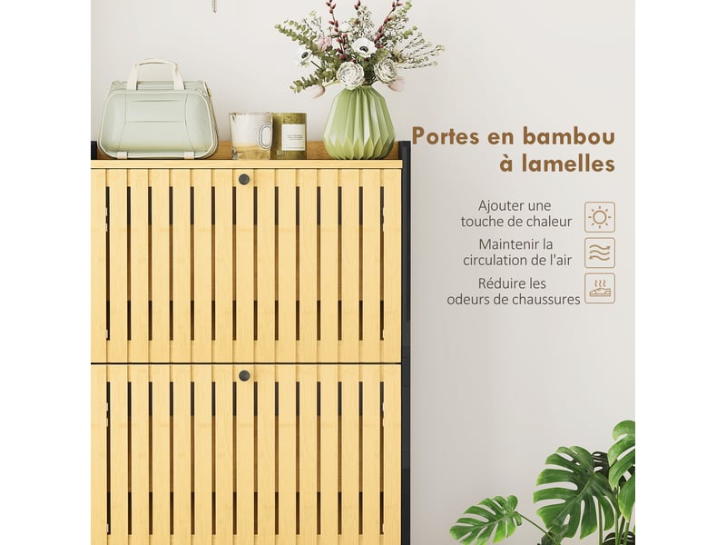  Meuble à chaussures 18 paires avec 3 tiroirs rabattables, portes en bambou à lattes, noir et bois naturel, 60x24x118cm  - Conforama R