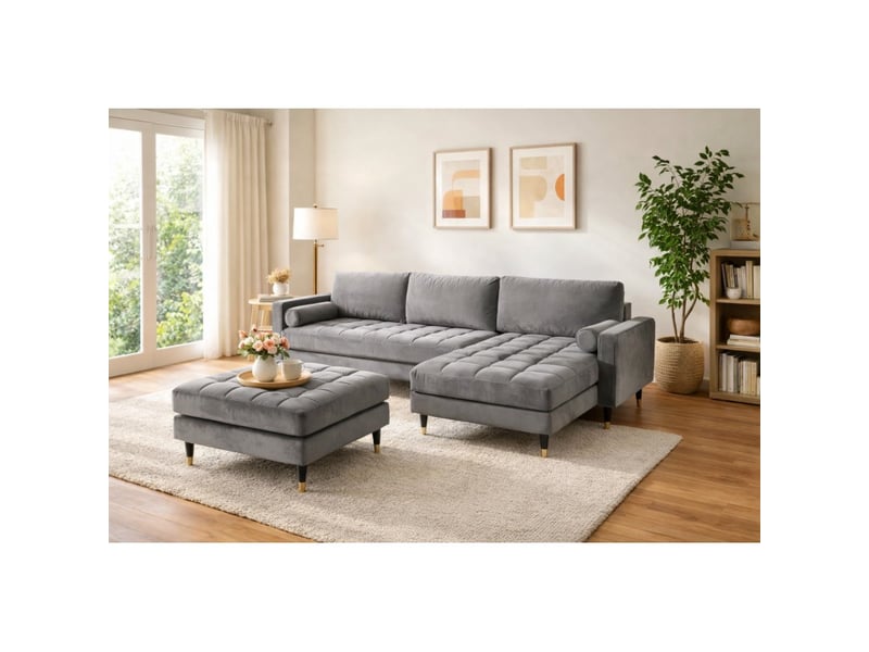 Canapé d'angle koliri gris avec pouf – canapé design en velours capitonné avec structure en bois massif - Conforama B