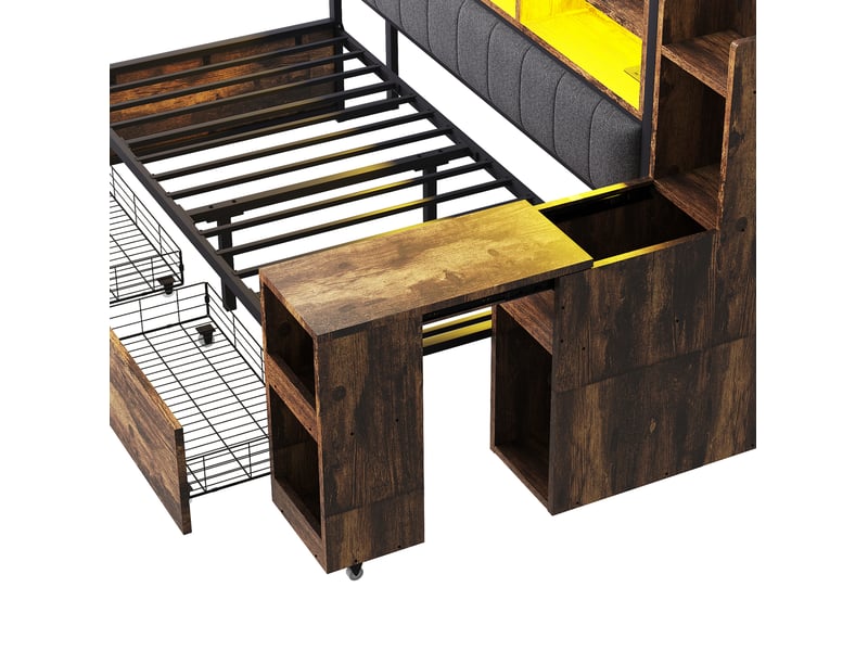 Lit multifonction 90 x 200 cm rangement 2 tiroirs bureau coulissant prises intégrées métal et bois naturel sans matelas  - Conforama E
