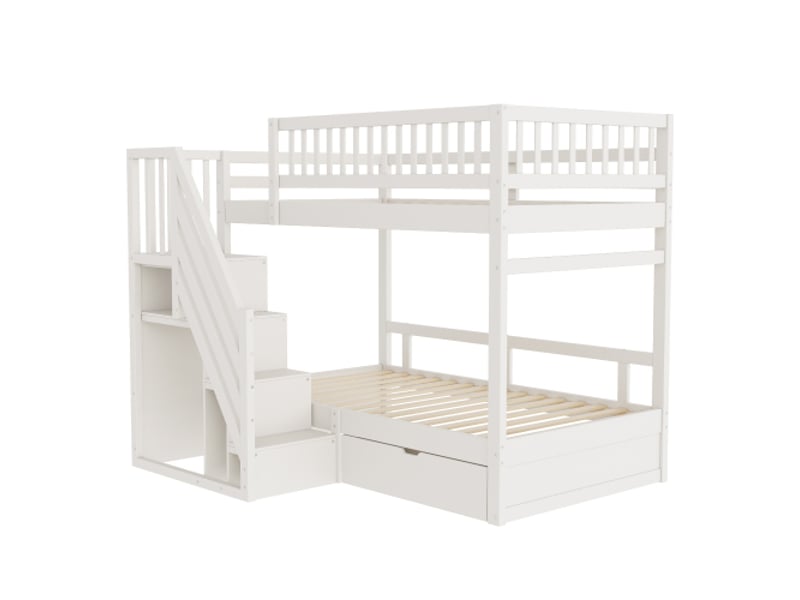 Lit superposé 90x200 cm, lit enfant avec barrière de sécurité haute, tiroirs et échelle de rangement, en bois, blanc, sans matelas - Conforama E
