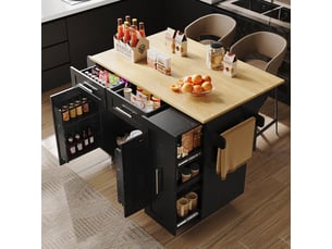 Îlot de cuisine - noir - mdf & métal - plateau pliable - rangement extensible - roulettes fixables
